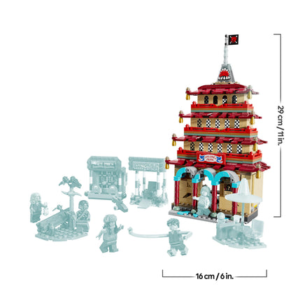 LEGO ONE PIECE Battle at Arlong Park set with Luffy, Nami, and collapsing pagoda, ideal for anime fans aged 9 and up.