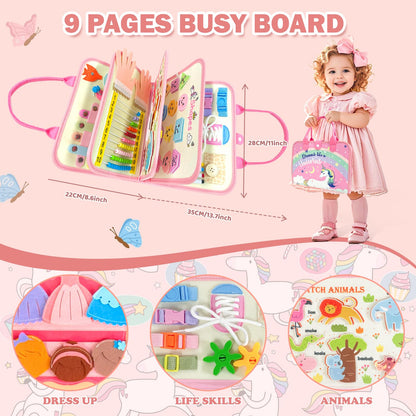 Busy Book, Busy Board for Toddler, Montessori Toys, Toddler Travel Toys, Plane Toys for 3 4 5 Year Old, Baby Travel Toys, Plane Activities for Kids, Activity Book, Pink Unicorn Sensory Board