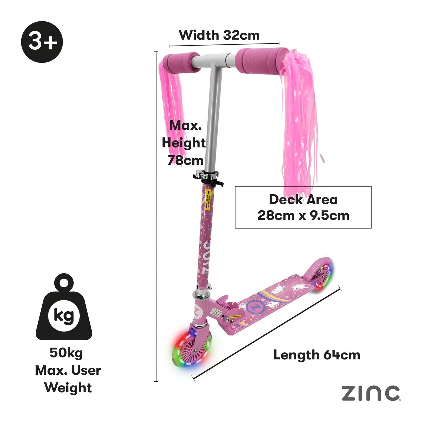 Zinc Kids Scooter for Ages 3+, Folding 2-Wheel Kick Scooter with Light Up Wheels, Height Adjustable, Anti-Slip Footplate, Rear Footbrake, Unicorn with Tassels