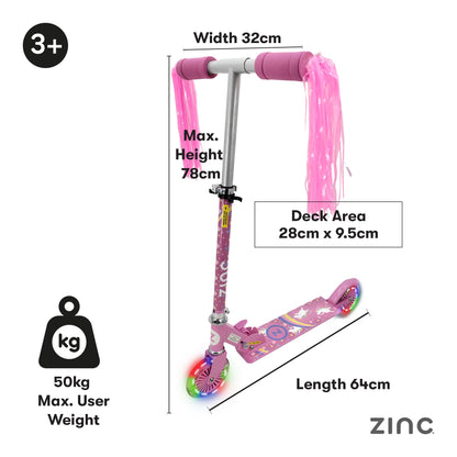 Zinc Kids Scooter for Ages 3+, Folding 2-Wheel Kick Scooter with Light Up Wheels, Height Adjustable, Anti-Slip Footplate, Rear Footbrake, Unicorn with Tassels