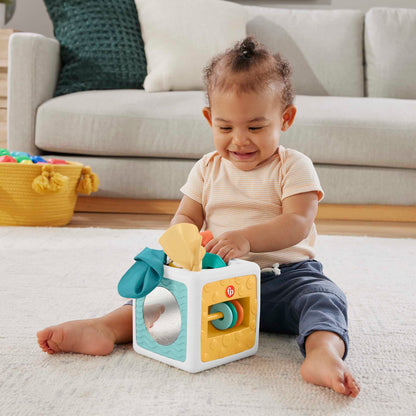Fisher-Price Pretend Tissue Box Baby Sensory Toy for Newborns, Tummy Time Crinkle Toys, Tissue Fun Activity Cube