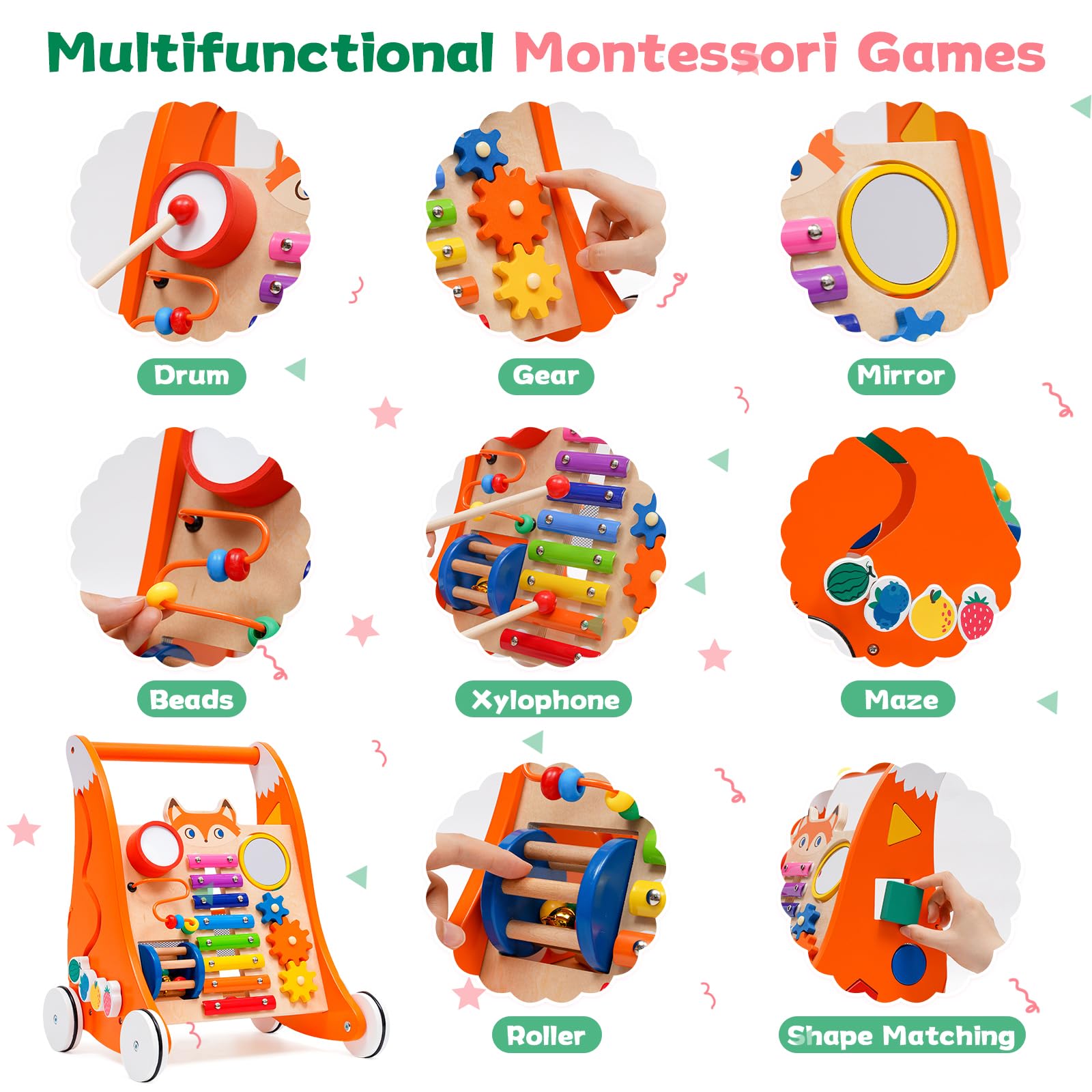 Forroby 2-in-1 wooden baby walker with activity center and Montessori game panel, ideal for toddlers 9 months+ learning to walk.