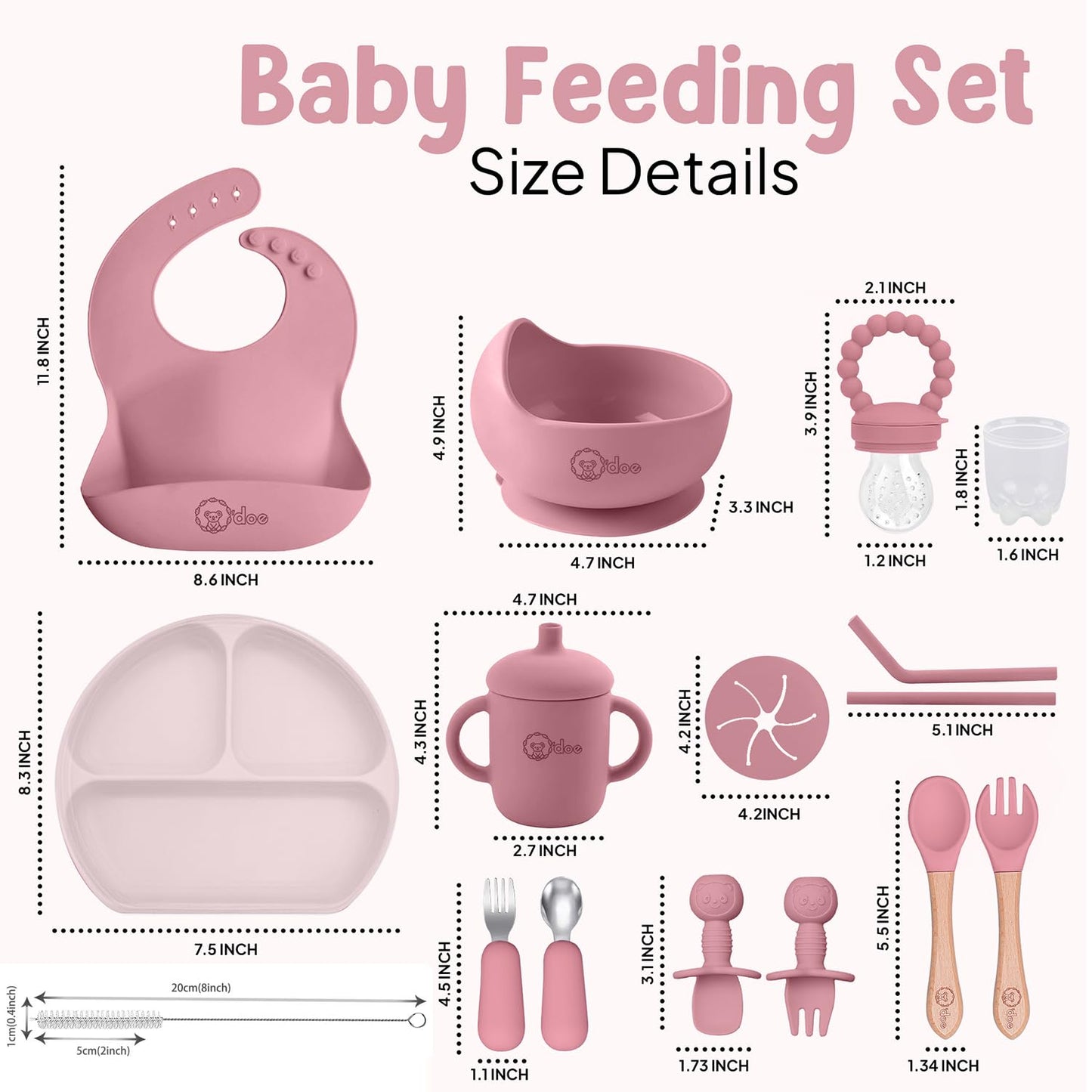 O'doe 17-Piece Baby Weaning Set | Led Weaning Supplies for Toddlers | Silicone Feeding Set BPA-Free, Bowl, Self-Eating Utensils, Spoons, Bibs, Sippy Cup, Food Plate Kit With Lid | Pink V2