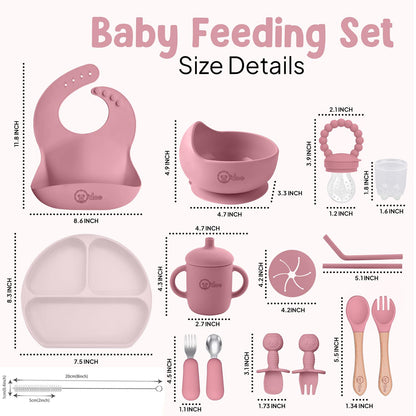 O'doe 17-Piece Baby Weaning Set | Led Weaning Supplies for Toddlers | Silicone Feeding Set BPA-Free, Bowl, Self-Eating Utensils, Spoons, Bibs, Sippy Cup, Food Plate Kit With Lid | Pink V2