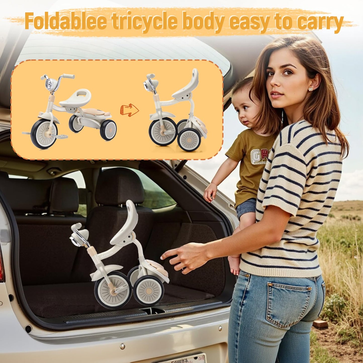 UBRAVOO Baby Tricycle, Foldable Toddler Trike with Pedals, Cool Lights, Durable Wheels and Comfortable Seat, Baby First Walker Trike for 1-5 Years Old Girls, Boys (White)
