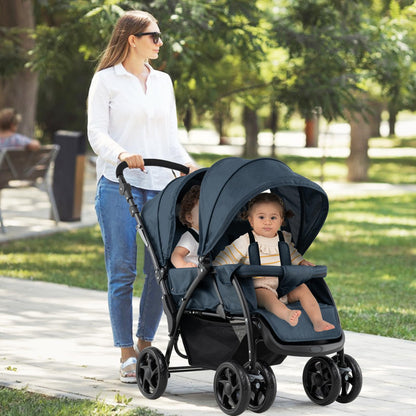 Foldable Twin Stroller, Double Baby Pushchair w/Multi-Level Backrest, Canopy, Handle & Footrest, Safety Belt & Brake System, Travel Tandem Seating Stroller w/Lockable Wheels (Dark Blue)