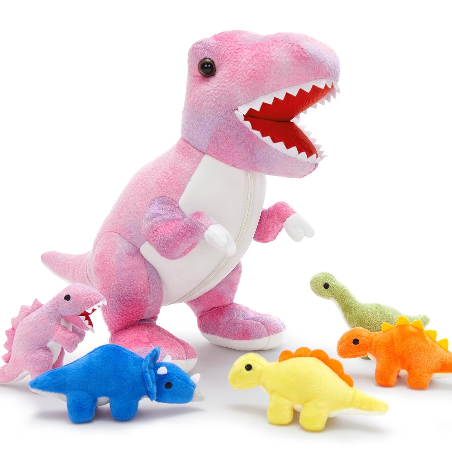 MorisMos Big Dinosaur Teddy Stuffed Animal, 50cm Pink Cuddly Fluffy Mom with 5 Babies Inside, Large T-Rex Soft Toys Kawaii Dino Present for Kids Birthday Christmas Deco