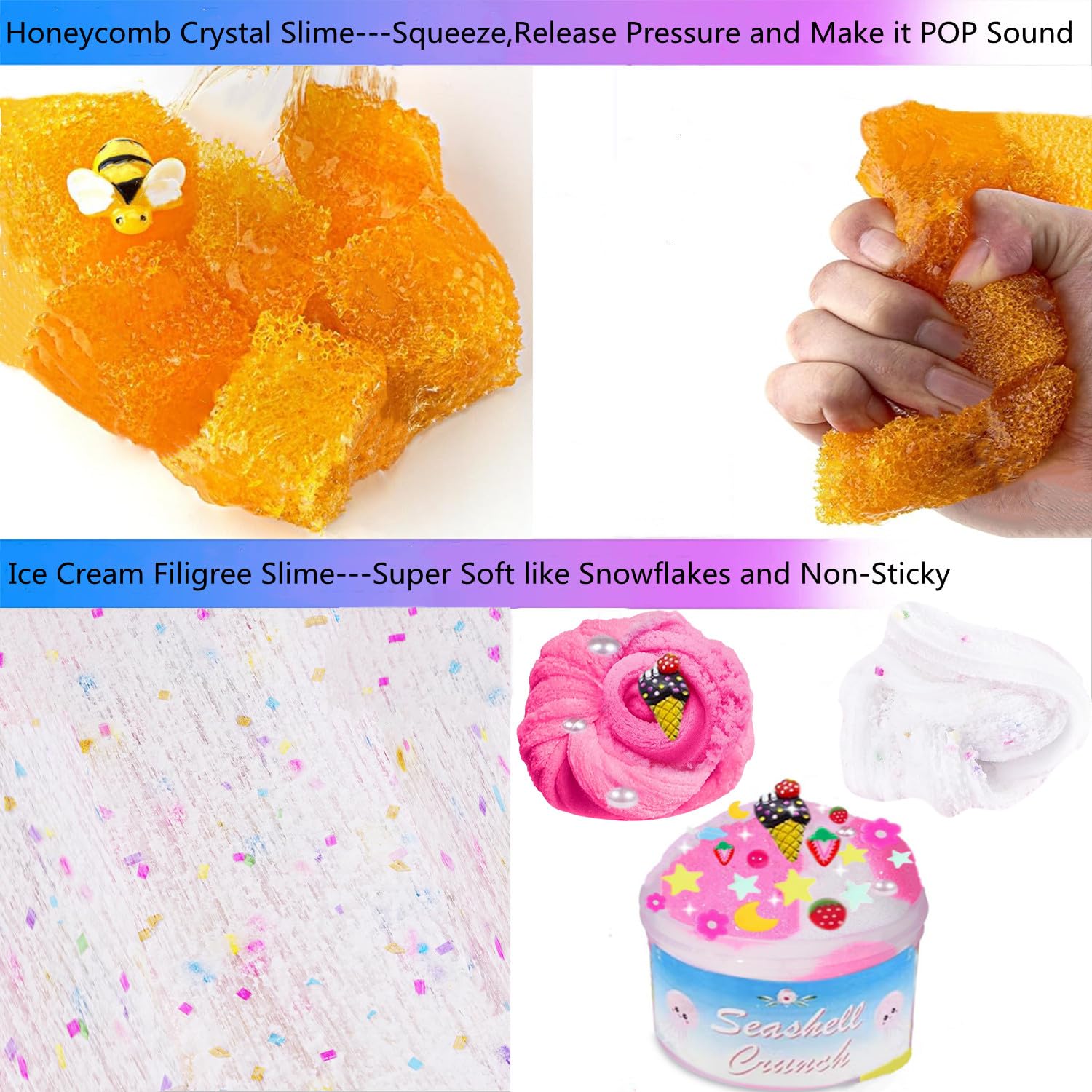 Bright image of Vomkela Crunchy Slime Set with 12 clear, soft, non-sticky slime containers for kids' stress relief and DIY fun.