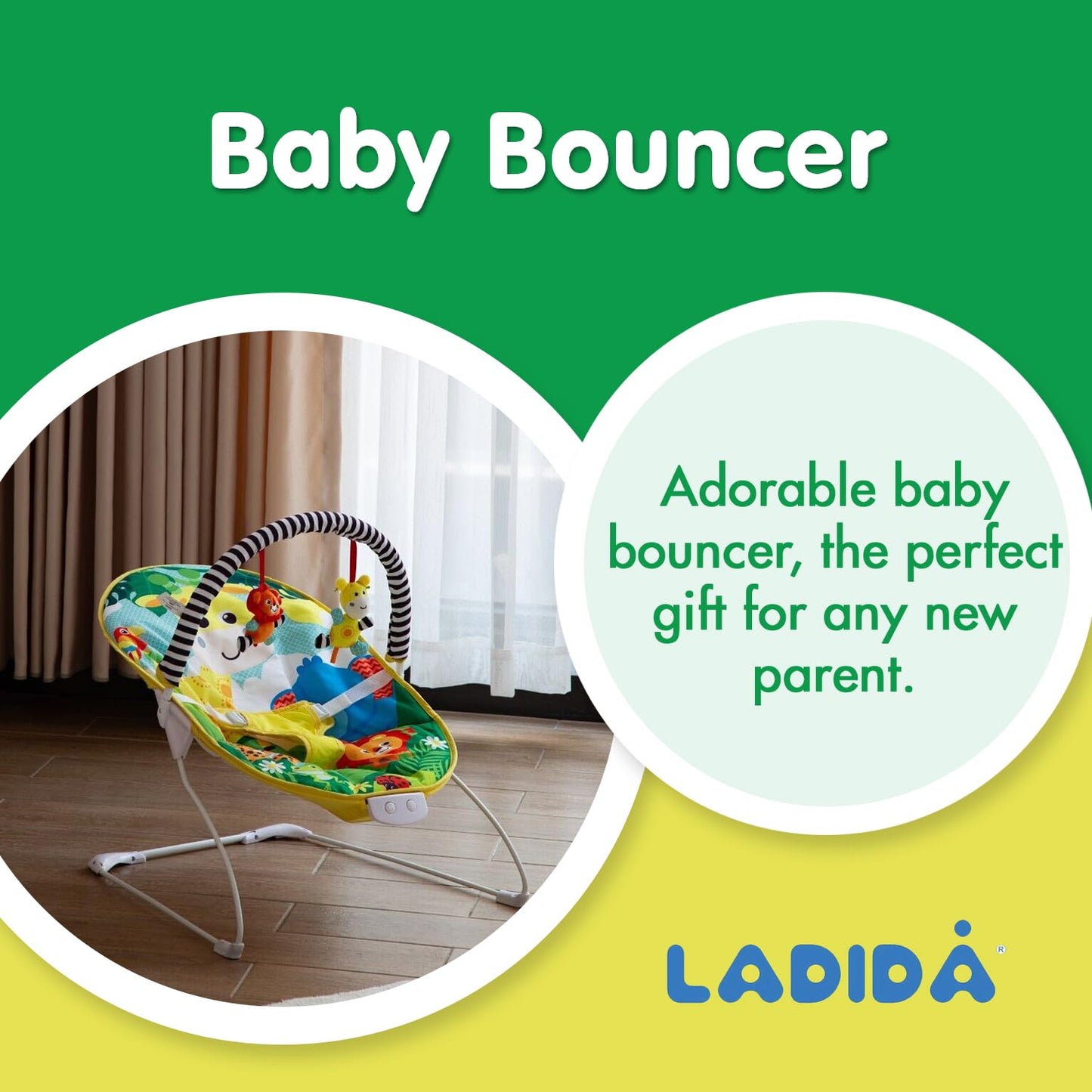 LADIDA Baby Bouncer, Bright and Colourful Safari Theme, Soothing Music and Vibration to Relax and Entertain Baby