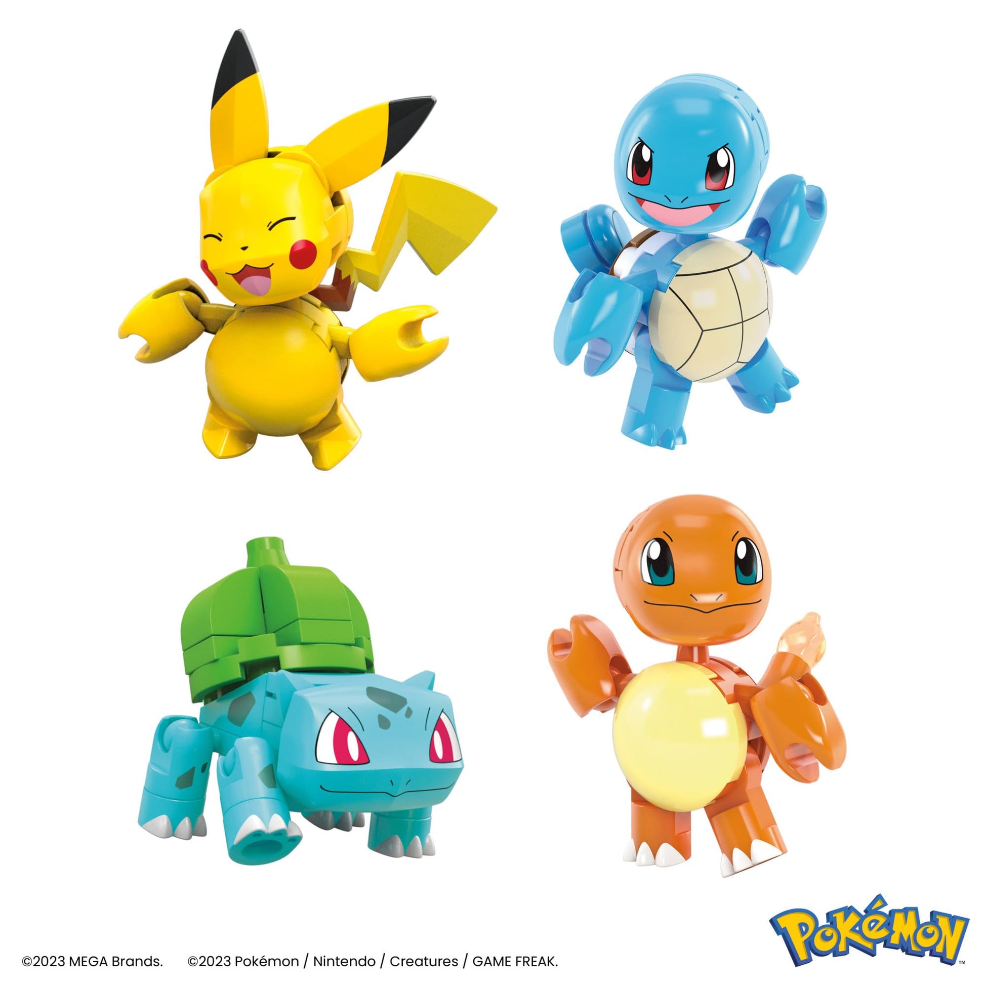MEGA Pokémon action figure building set with 191 pieces, featuring Pikachu, Charmander, and Squirtle for kids.
