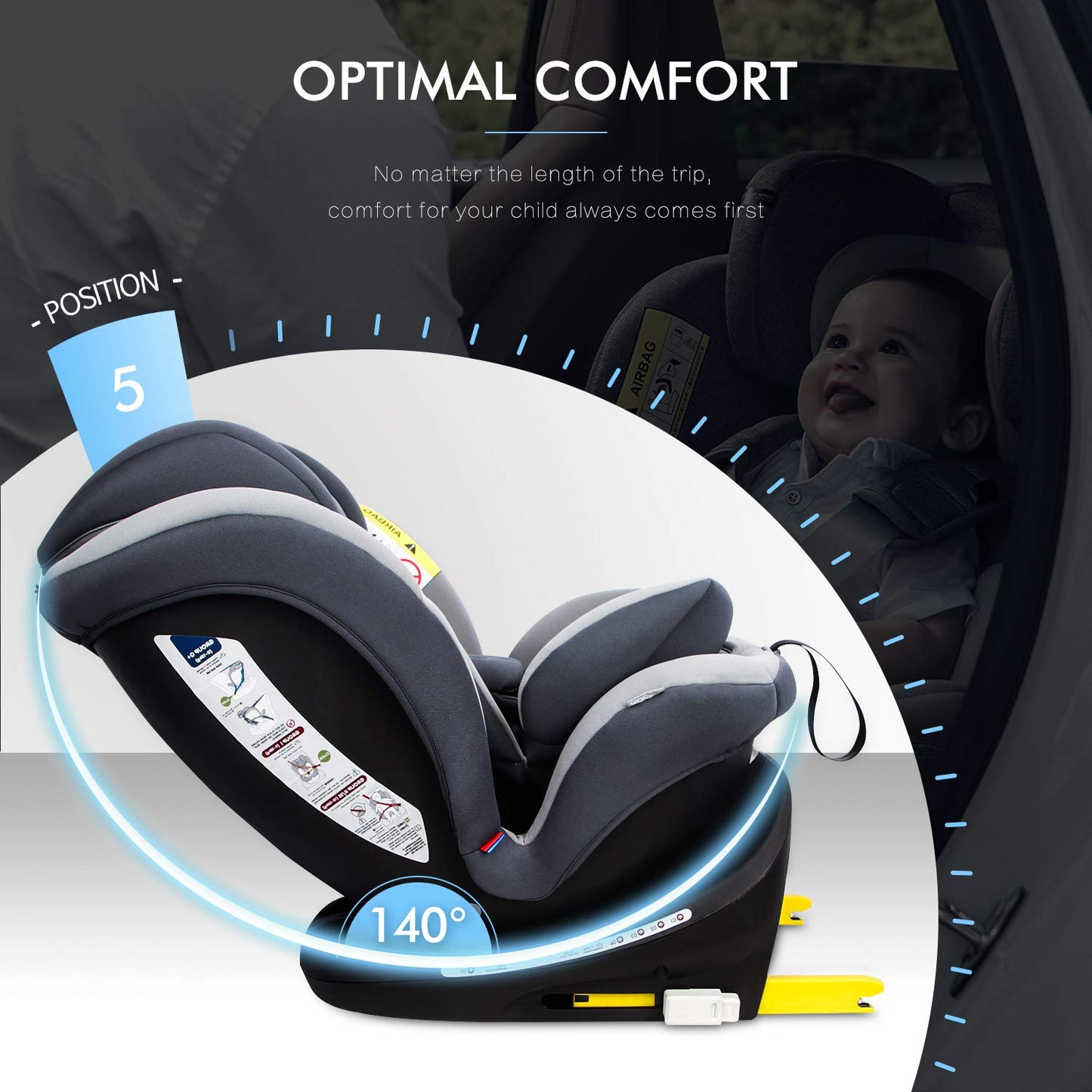 Reecle 360 Swivel Baby Car Seat with ISOFIX, Group 0+1/2/3 (0-36 kg), Approx. 0-12 Years (Grey)