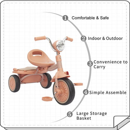 UBRAVOO Baby Tricycle, Foldable Toddler Trike with Pedals, Cool Lights, Durable Wheels and Comfortable Seat, Baby First Walker Trike for 1-5 Years Old Girls, Boys (Pink-black)