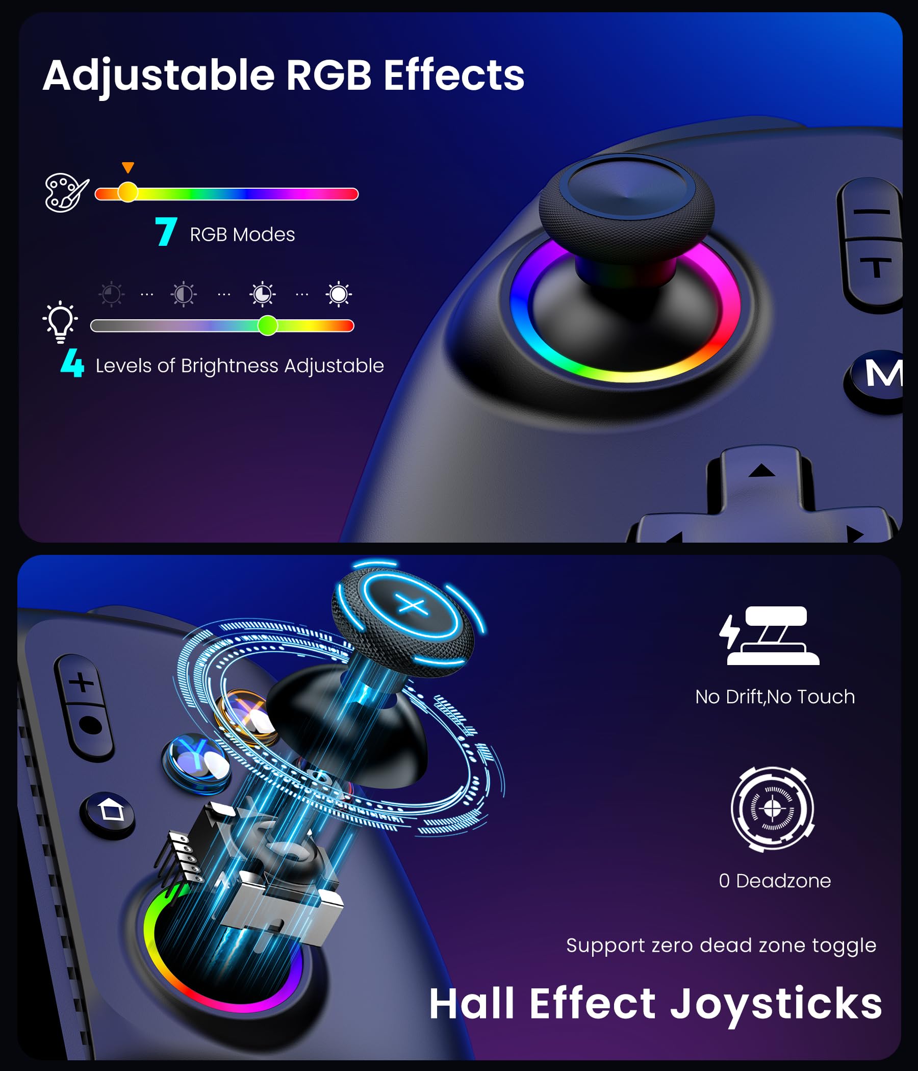 Fanxieast handheld Switch 2 Pro controller with full-size wireless design, hall effect joystick, RGB lighting, turbo, and vibration features.