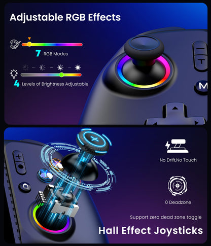 Fanxieast handheld Switch 2 Pro controller with full-size wireless design, hall effect joystick, RGB lighting, turbo, and vibration features.