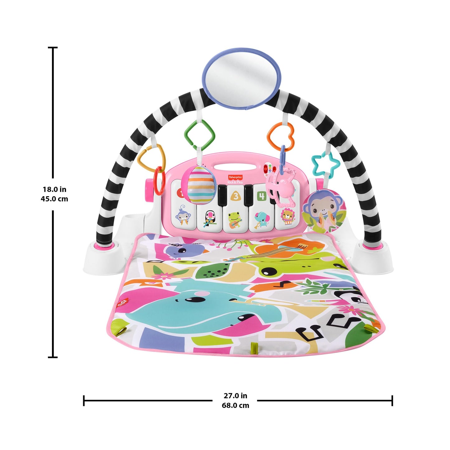Pink Fisher-Price Baby Activity Mat with kick and play piano, colorful toys, and learning features for infants 0+ months.