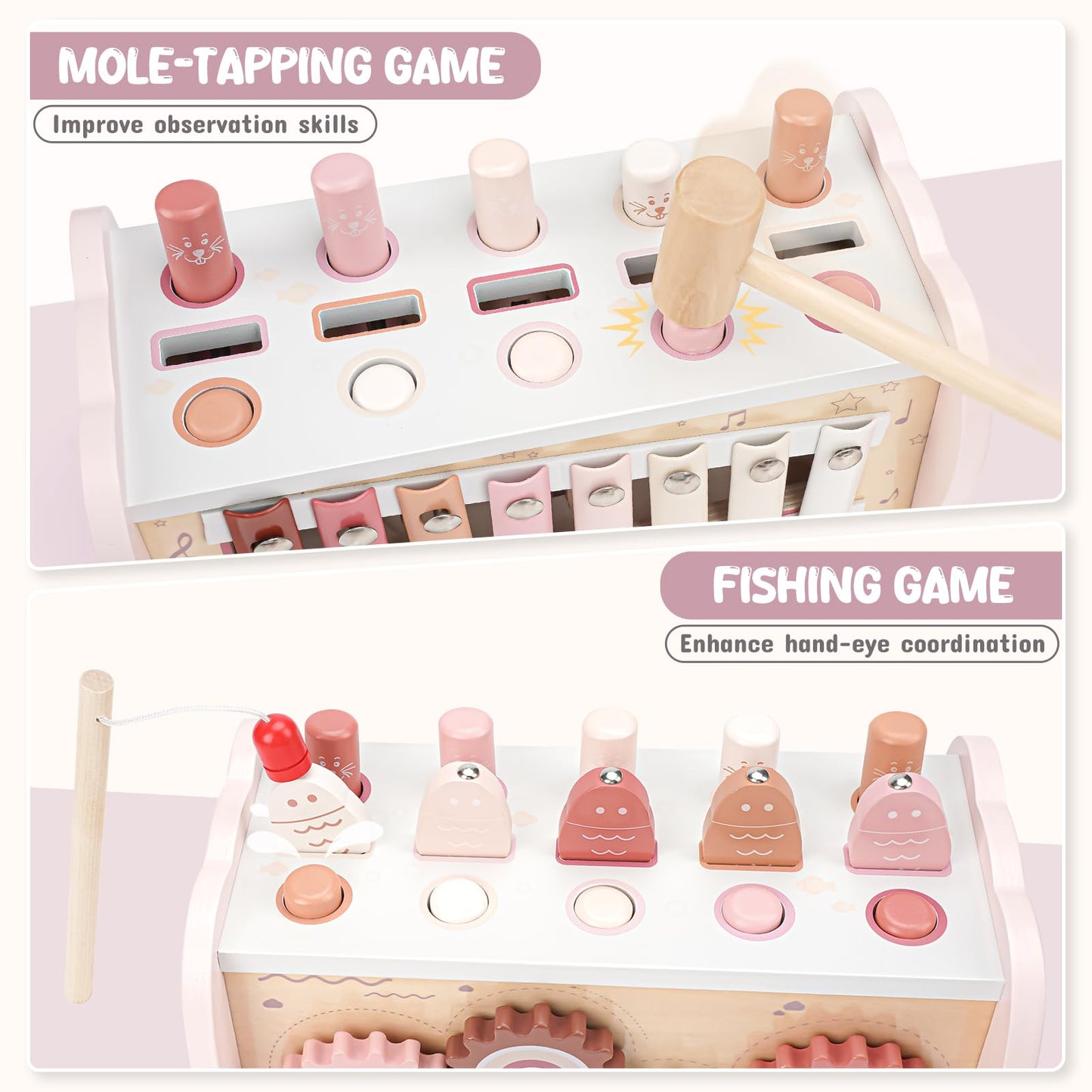 Joyreal wooden Montessori toy set for 1-year-olds featuring a hammering pounding toy, xylophone, and magnetic fishing game for kids.