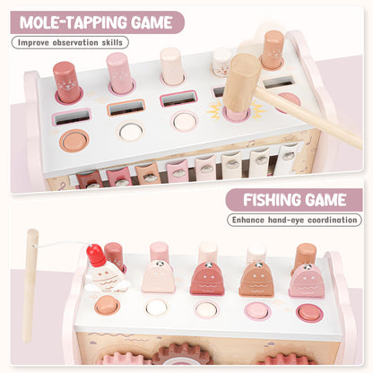 Joyreal wooden Montessori toy set for 1-year-olds featuring a hammering pounding toy, xylophone, and magnetic fishing game for kids.