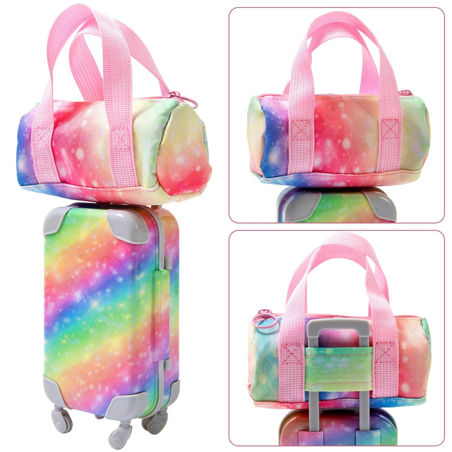 ZITA ELEMENT 23 PC rainbow travel set with suitcase, bag, camera, and accessories for 18-inch dolls.