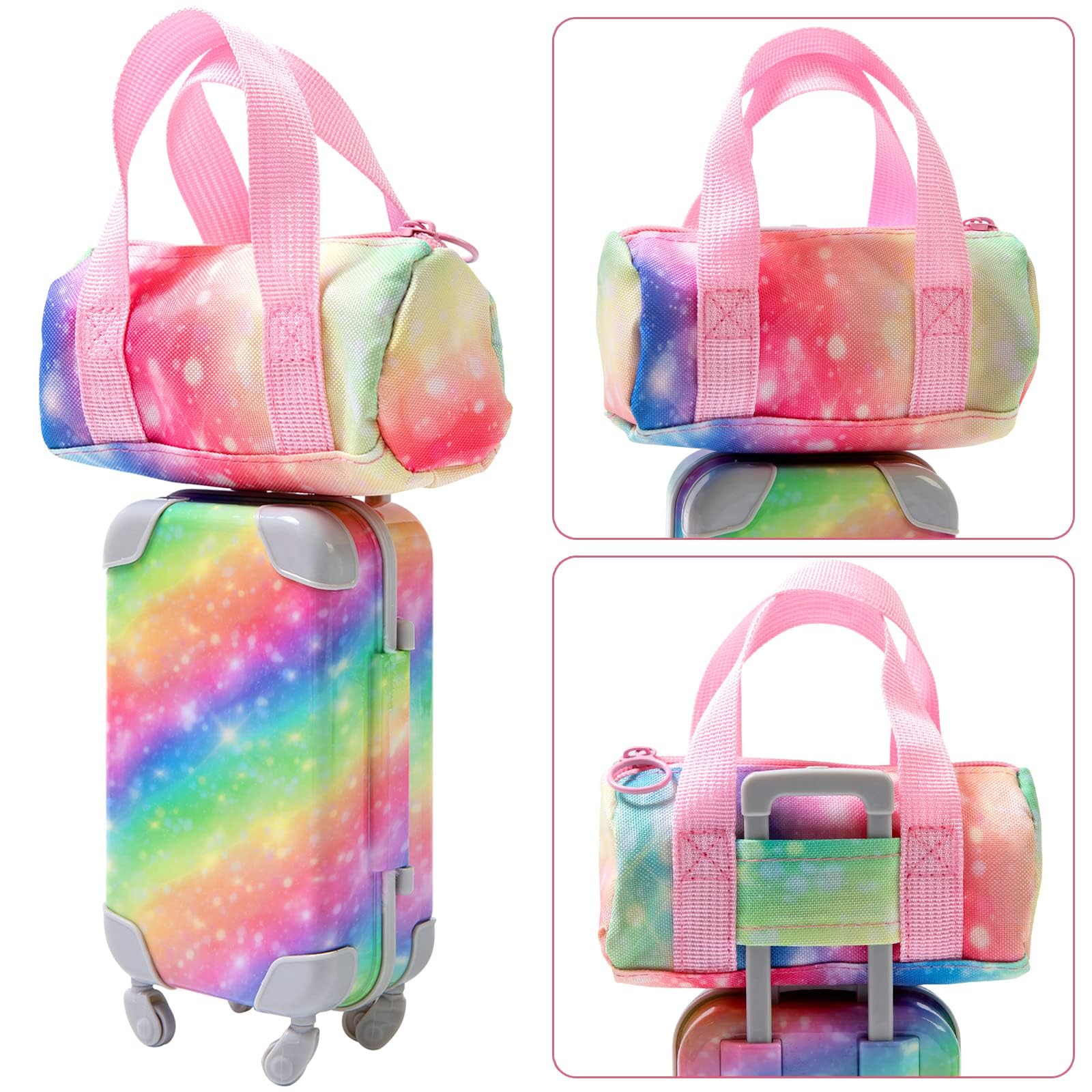 ZITA ELEMENT 23 PC rainbow travel set with suitcase, bag, camera, and accessories for 18-inch dolls.