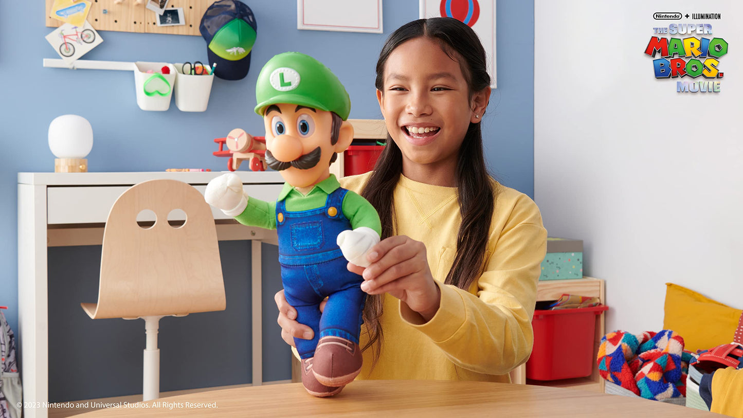 Nintendo Super Mario Bros. Luigi plush figure, fully articulated, 14-inch tall with realistic eyes and detailed 3D costume.