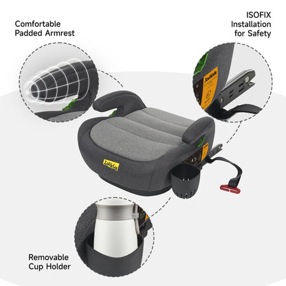 Jovikids I-Size Booster Seat with ISOFIX, Suitable for Child Height 125-150cm, Portable Car Seats with Cup Holder for Kids, Comfortable & Compact for Everyday Use, Great for Travel, ECE R129 (Grey)