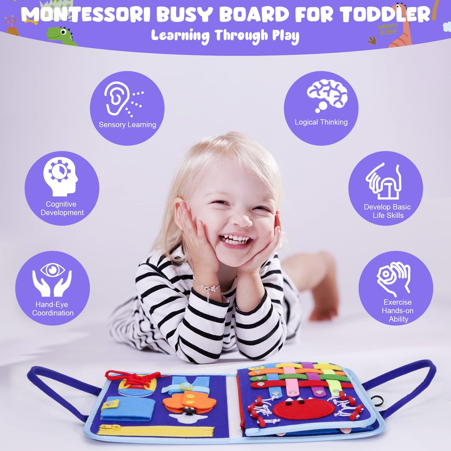 TuDou busy board for toddlers featuring colorful sensory activities, Montessori-style educational toy for fine motor skills development.