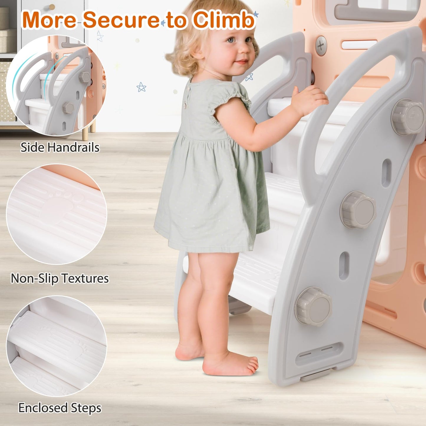 COSTWAY Toddler Swing and Slide Set, 10 in 1 Kids Slide with Climber Ladder, Basketball Hoop, Telescope, Tunnel, Storage Space, Indoor Outdoor Playground for 1+ Years Old (Grey + Pink)