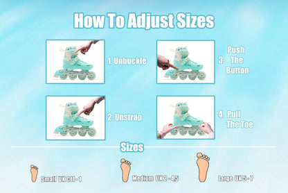 Scale Sports Adjustable Roller Skates Inline with 8 Light-Up Wheels – Kids Inline Roller Skates for Children's and Adults Rollers for Boys and Girls (Mint, Small-UK C11-1, EU 29-32)