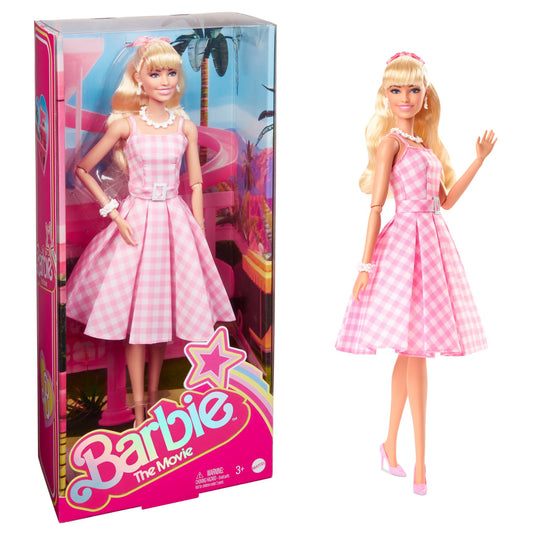 Barbie doll inspired by the movie, dressed in a pink and white gingham dress with a daisy chain necklace.