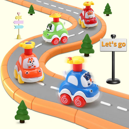 Amy & Benton baby toy cars for 1-2 year olds, set of 4 press and go colorful plastic cars for toddler boys.