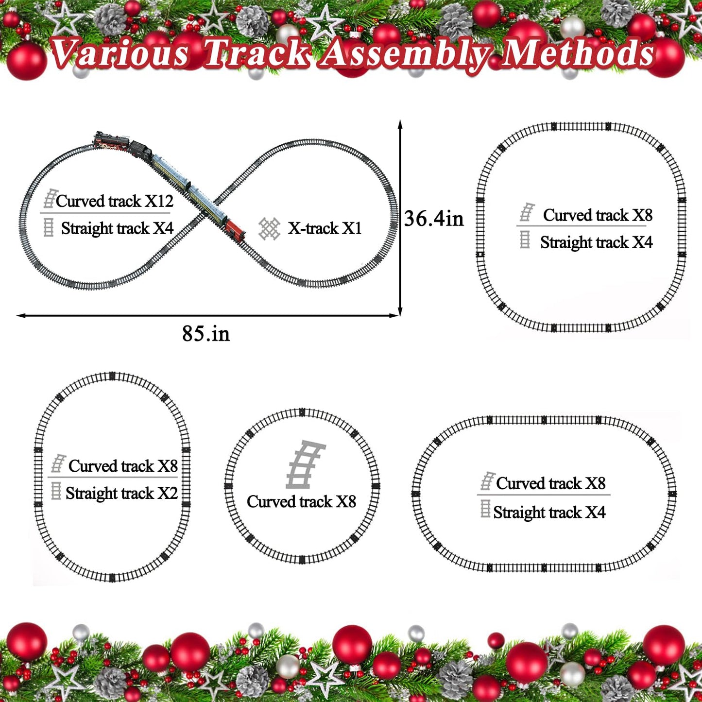 Hitish Train Set for Kids, Electric Train Toys with Realistic Light Sounds Smoke, Christmas Train Model Gifts for Toddlers Boys Girls, Steam Locomotive, Luxury Track & 2 Glowing Passenger Carriages