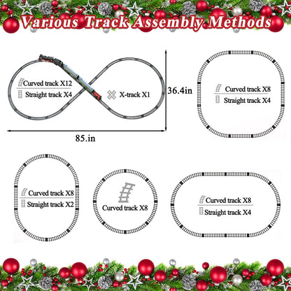 Hitish Train Set for Kids, Electric Train Toys with Realistic Light Sounds Smoke, Christmas Train Model Gifts for Toddlers Boys Girls, Steam Locomotive, Luxury Track & 2 Glowing Passenger Carriages