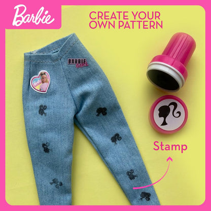 Barbie DIY Fashion Designer Set with t-shirt, leggings, stickers, ribbons, and stamps for creative kids' fashion play.