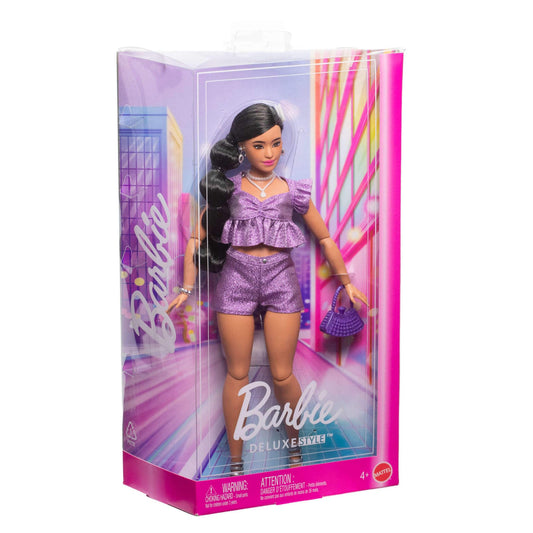 Barbie Deluxe Style Doll #8 in Metallic Purple Top and Sparkly Shorts, Black Hair in Braid, Accessories like Pearly Jewelry and Handbag, JFP43