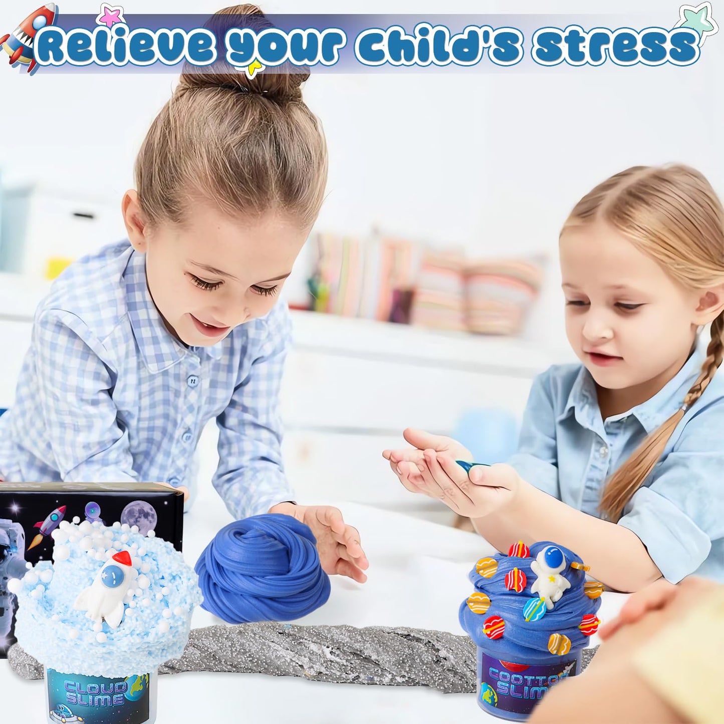 Six-pack Hirsrian slime making kit with fluffy cloud slimes, clear crunchy slime, fun accessories, starry sky design for kids.