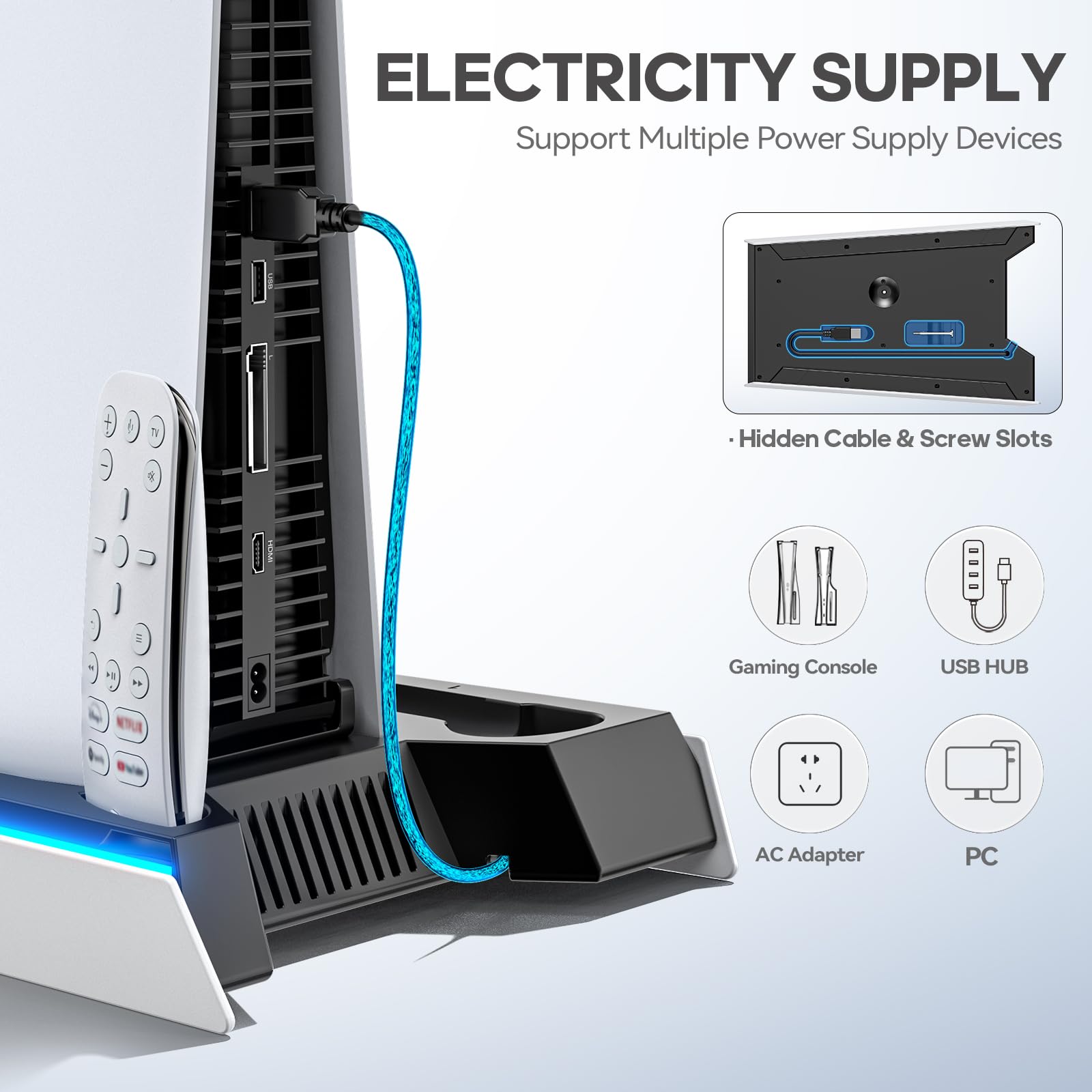 Rysker PS5 stand with cooling fan and controller charger for PS5 and PS5 Pro, featuring 3 charging ports and adjustable fan levels.