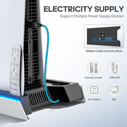 Rysker PS5 stand with cooling fan and controller charger for PS5 and PS5 Pro, featuring 3 charging ports and adjustable fan levels.