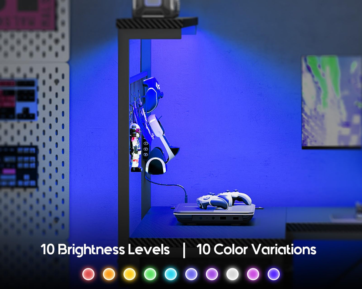 Coleshome L-shaped gaming desk with drawers, shelf, LED lights, power outlets, hook, in black carbon fiber finish.