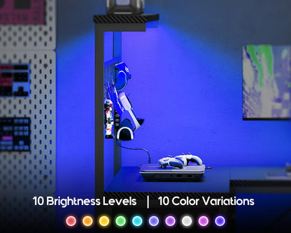 Coleshome L-shaped gaming desk with drawers, shelf, LED lights, power outlets, hook, in black carbon fiber finish.