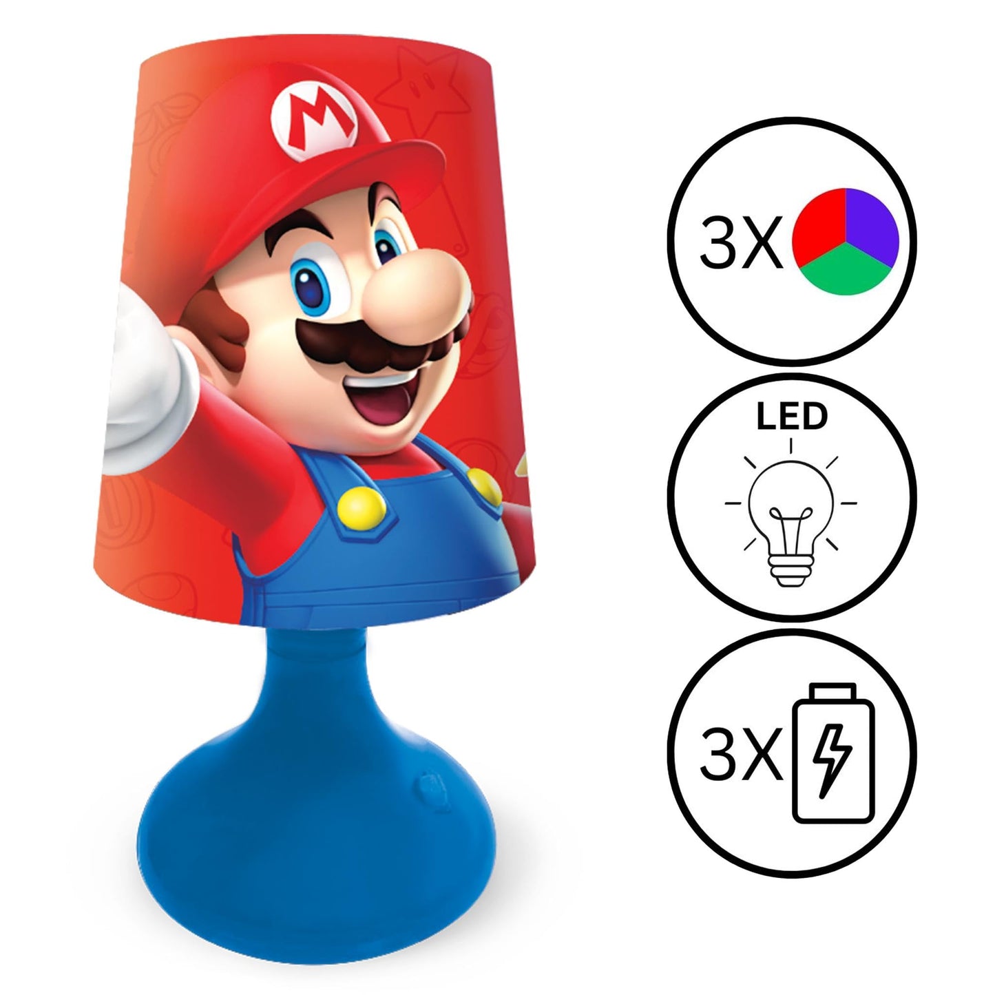Red LEXIBOOK cordless mini bedside lamp and Nintendo-themed nightlight showing a compact, portable design with playful lighting.