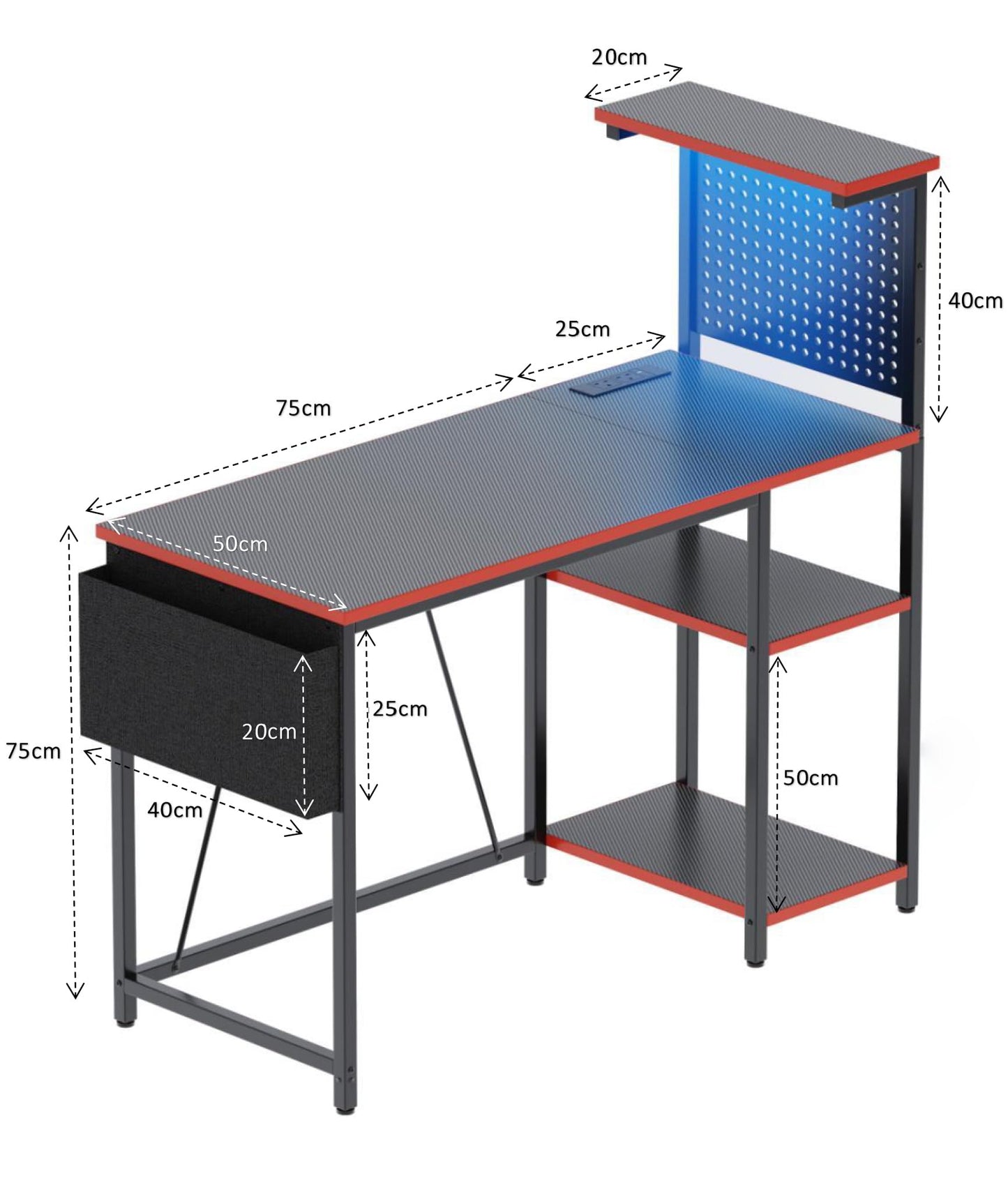 Xyphren Gaming Desk 100 x 50 cm with Pegboard & Power Outlet & LED Light, Small Computer Desk with Reversible Shelves for Corner Home Office Desk, Black