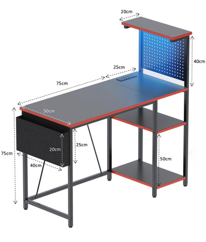 Xyphren Gaming Desk 100 x 50 cm with Pegboard & Power Outlet & LED Light, Small Computer Desk with Reversible Shelves for Corner Home Office Desk, Black