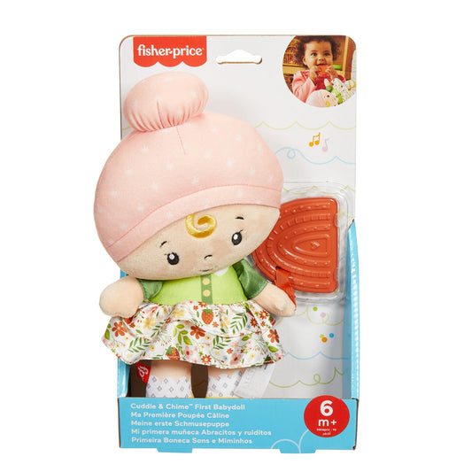 Fisher-Price Baby Sensory Toy Cuddle & Chime First Babydoll for infants over 6 months, soft fabric with chime and sensory features.