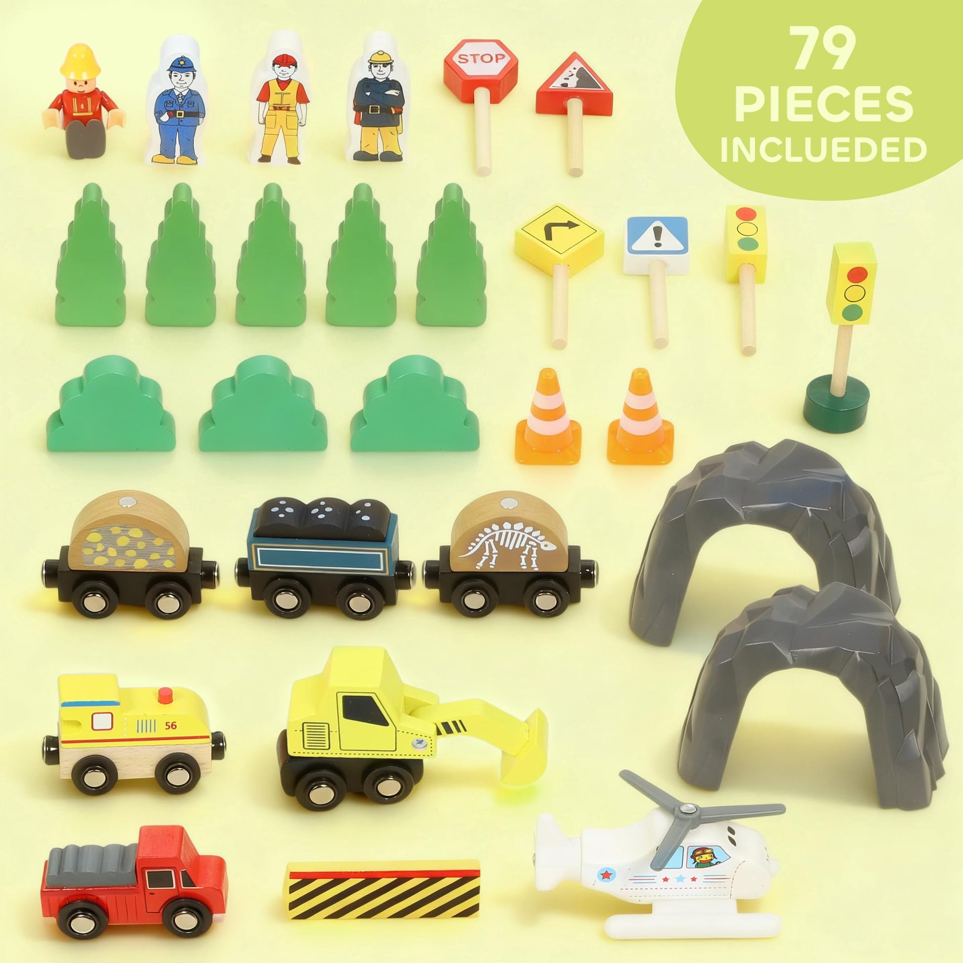 AIYAPLAY wooden train set with 79 pieces including mine-themed tracks, crane, helicopter, and magnetic railway for kids aged 3+