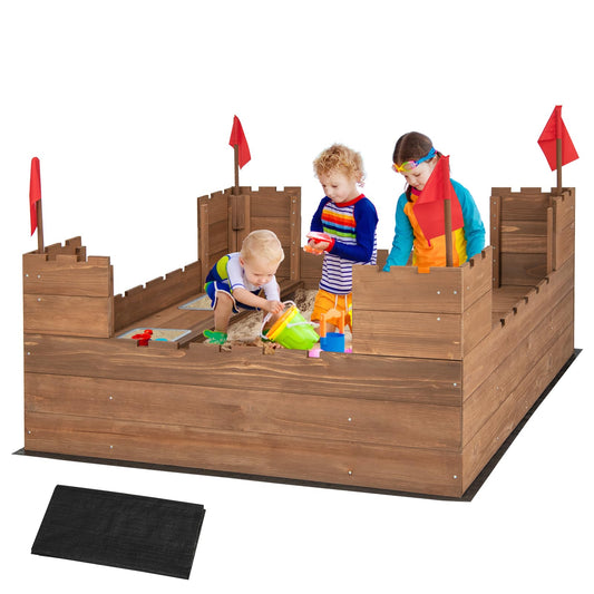 COSTWAY Kids Wooden Sandpit, 116x113cm Sand Play Station with Built-in Bench Seats, Storage Boxes, Flags and Protective Bottom Liner, Children Sandbox for Garden Bench
