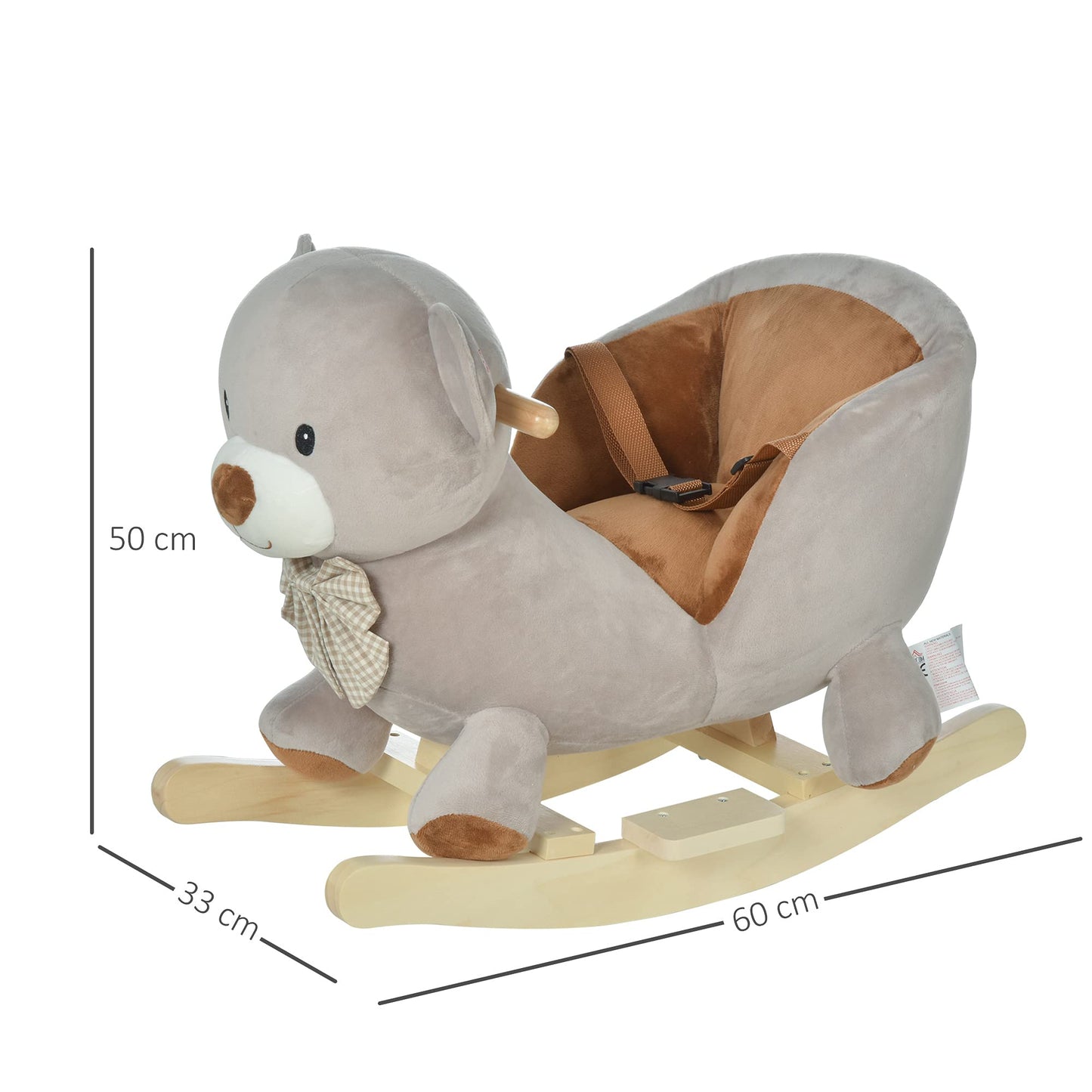 HOMCOM Kids Children Rocking Horse Plush Ride On Bear Seat w/Sound Wood Base Seat Safety Belt Toddler Baby Toy for 18-36 Months Grey