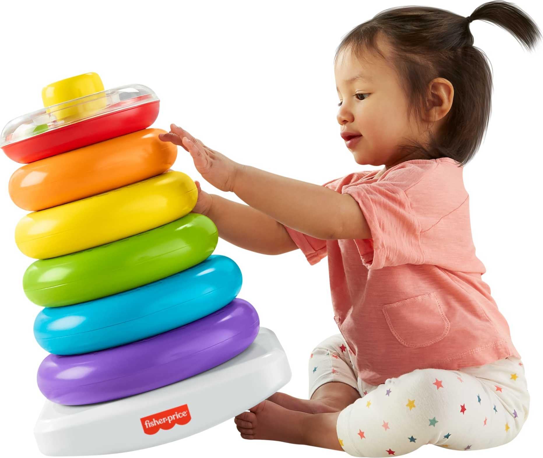 Fisher-Price Baby & Toddler Toy Giant Rock-a-Stack with colorful stacking rings and a red base, over 14 inches tall for ages 1+.