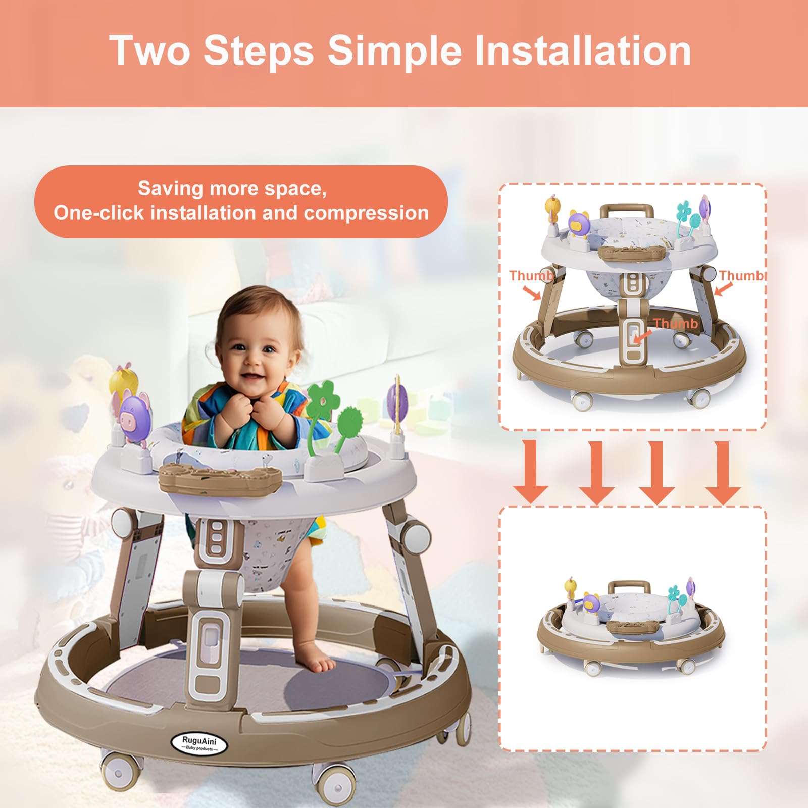 RuguAini 360° rotating baby walker in khaki, foldable with height adjust, silent wheels, suitable for 6-24 months, music features.
