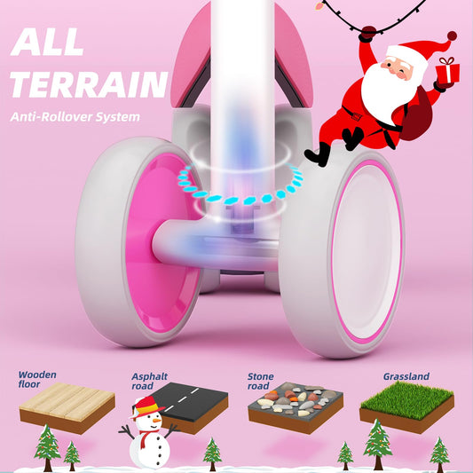 XJD baby balance bike in pink and white for toddlers 10-24 months, featuring a no-pedal design ideal for first-time riders.