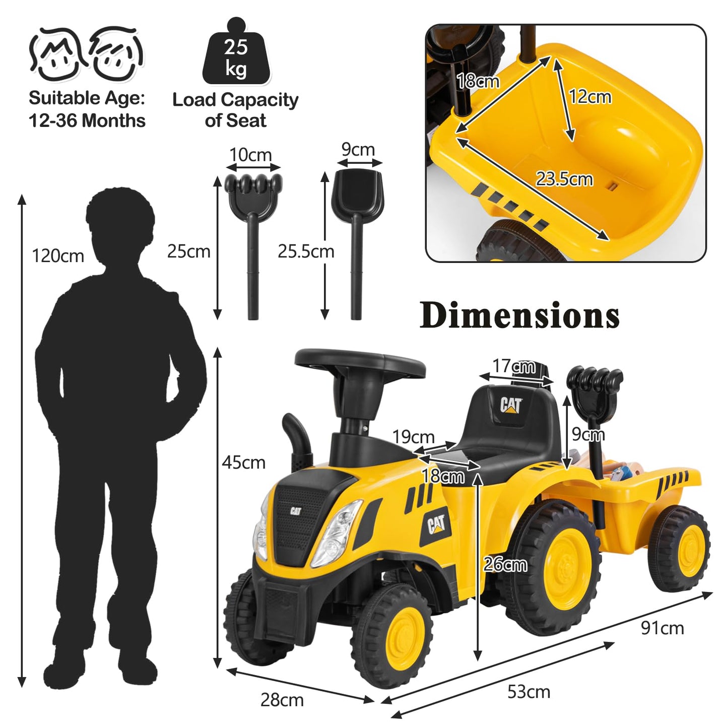 Maxmass Ride on Tractor and Trailer, Kids Sliding Toy Car with Detachable Trailer, LED Lights, Horn, Rake & Shovel, Foot to Floor Toddler Ride on Car for 12-36 Months Old (Yellow, 91 x 28 x 45cm)